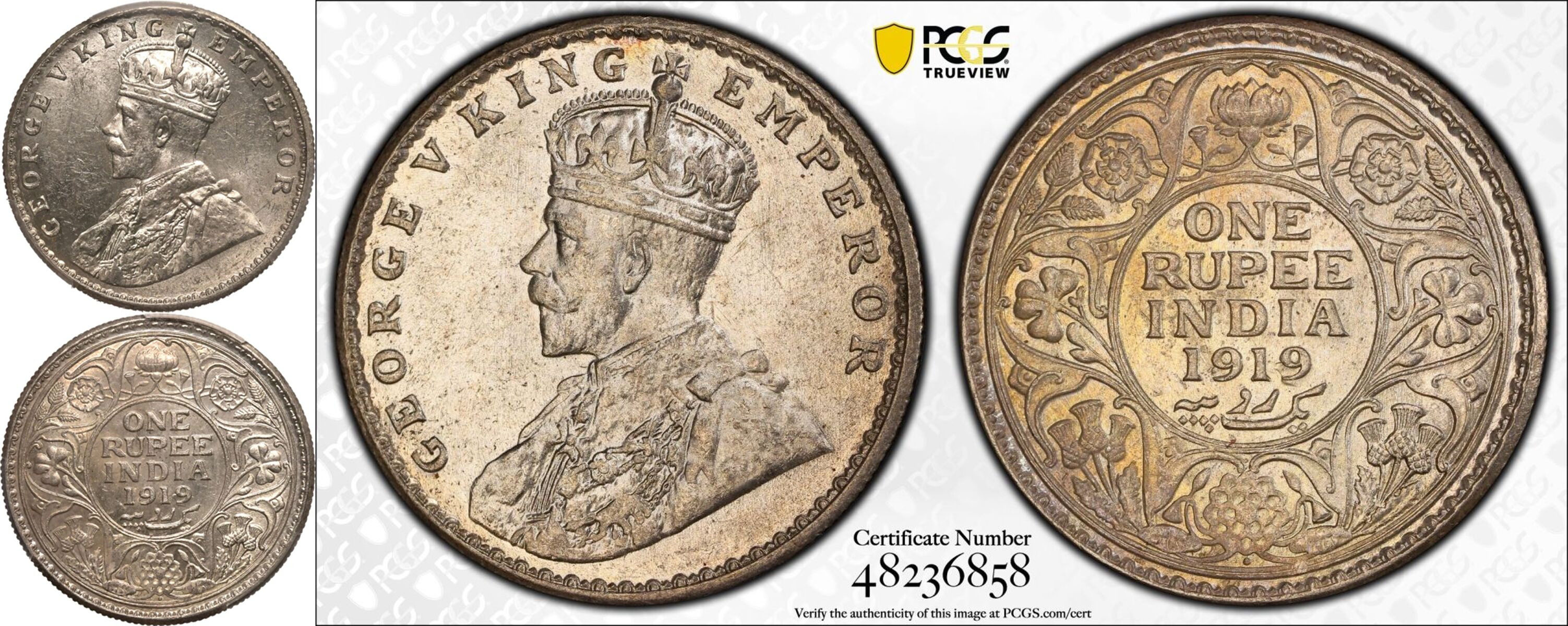 India: British George V 1919 • Silver 1 Rupee PCGS MS63 - Bild 5 aus 5