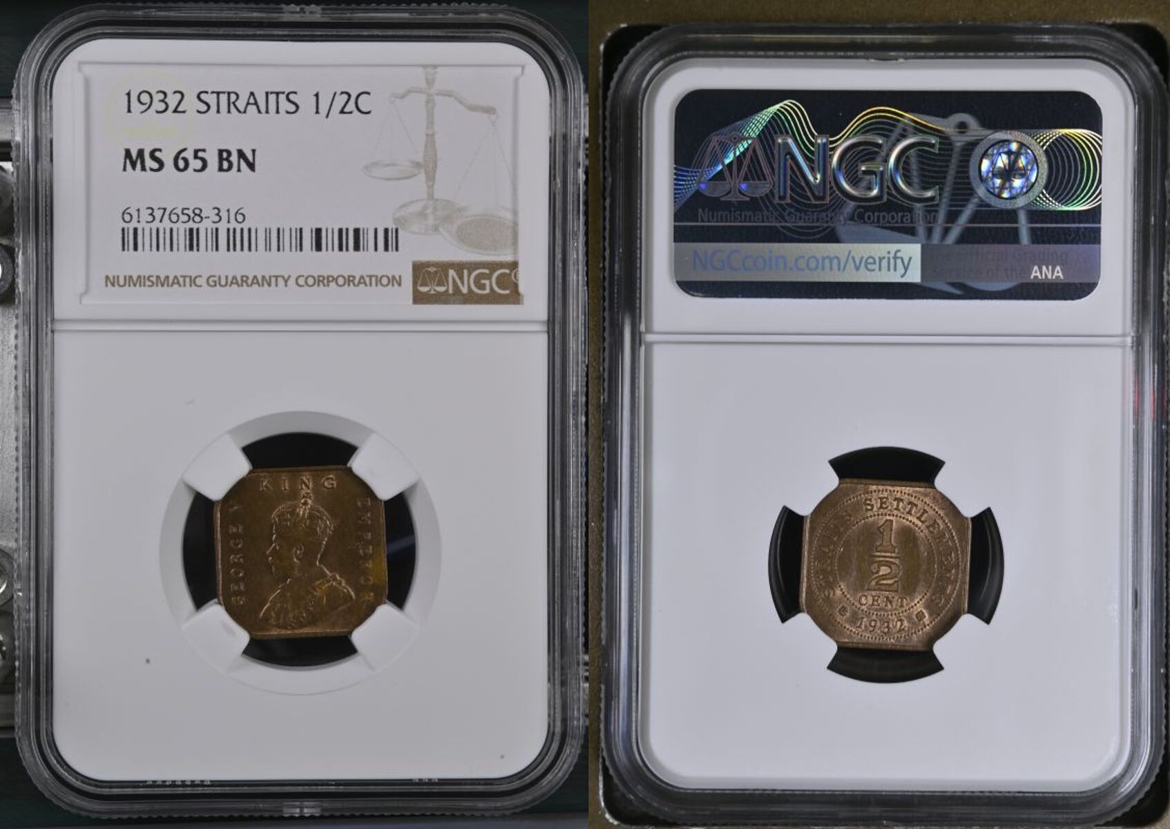 Straits Settlements George V 1932 Bronze 1/2 Cent NGC MS 65 BN - Bild 4 aus 7