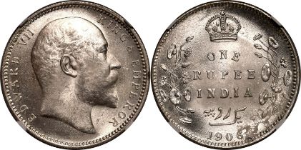 India: British Edward VII 1906 Silver 1 Rupee NGC MS 63