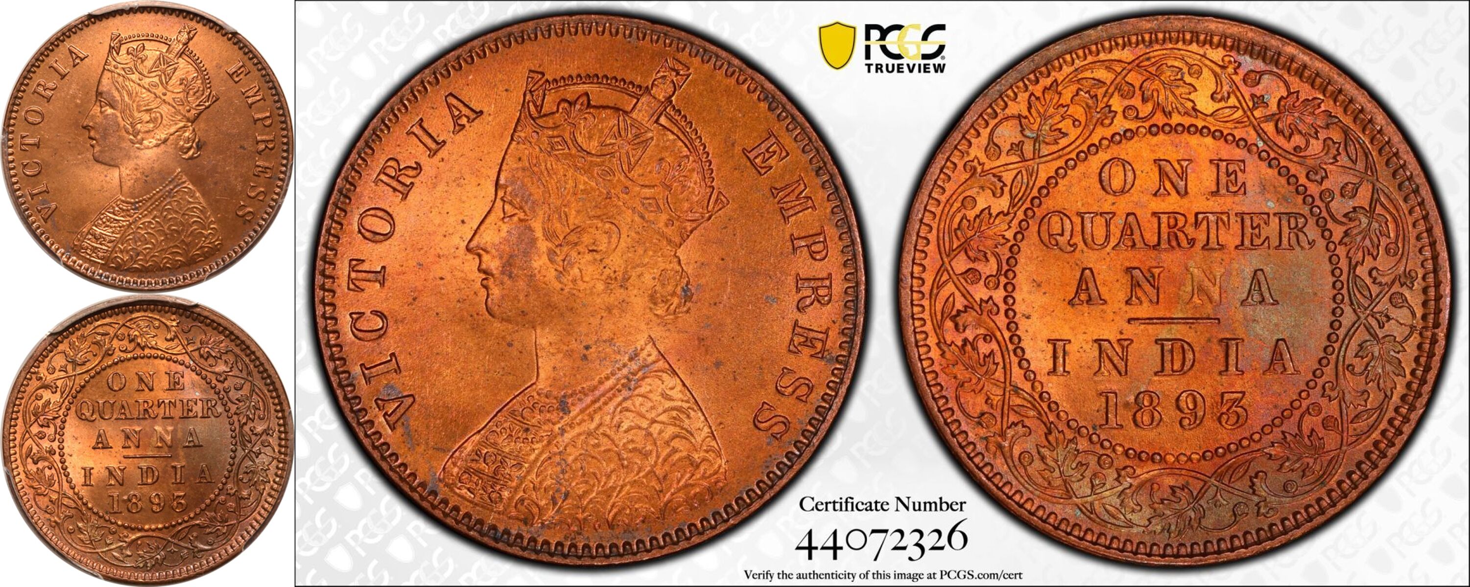 India: British India Victoria 1893 Copper 1/4 Anna Equal-finest PCGS MS65 RB - Bild 5 aus 5