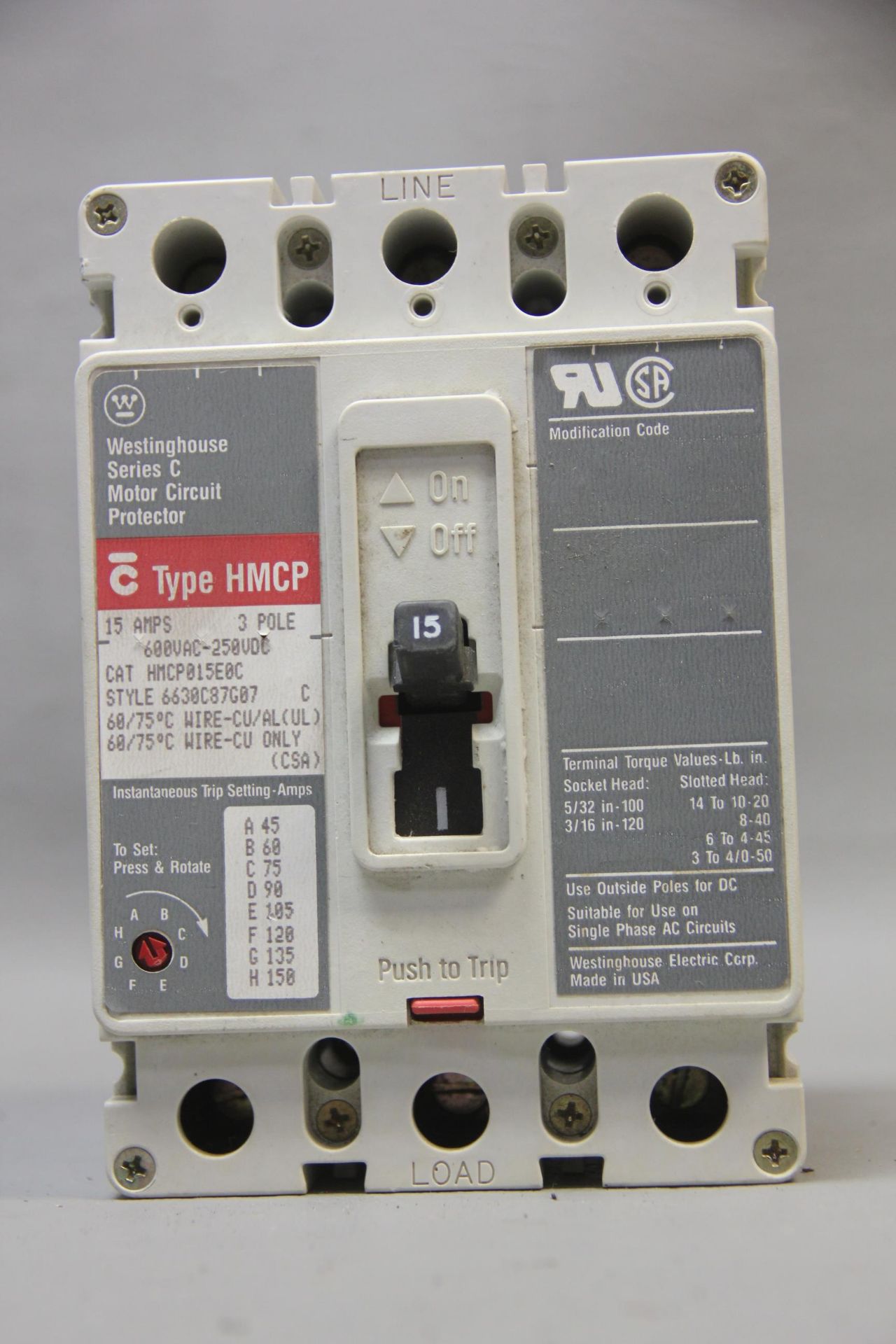 WESTINGHOUSE 15A MOTOR CIRCUIT PROTECTOR BREAKER - Image 5 of 6