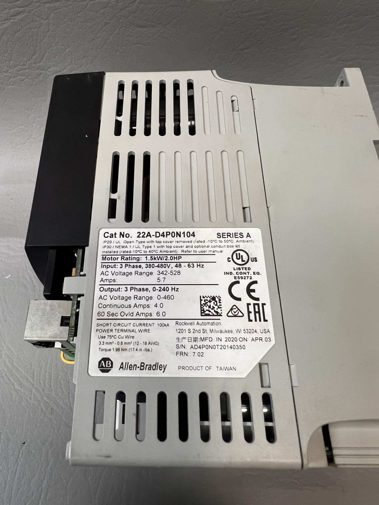 ALLEN BRADLEY POWERFLEX 4 AC DRIVE 2HP - Image 2 of 2