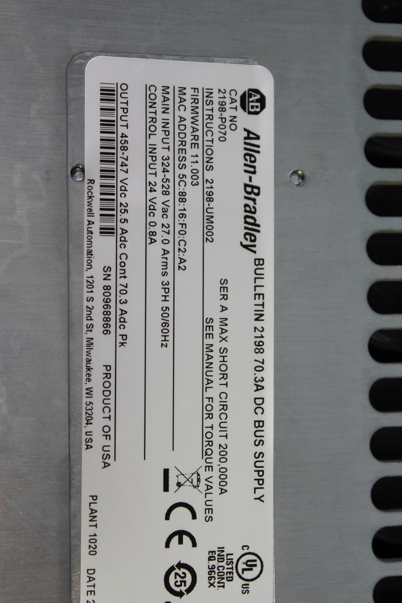 ALLEN BRADLEY KINETIX 5700 DC BUS POWER SUPPLY - Image 2 of 5