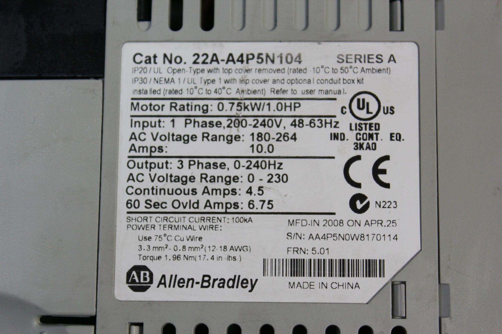 ALLEN BRADLEY POWERFLEX 4 1HP AC DRIVE - Image 3 of 3