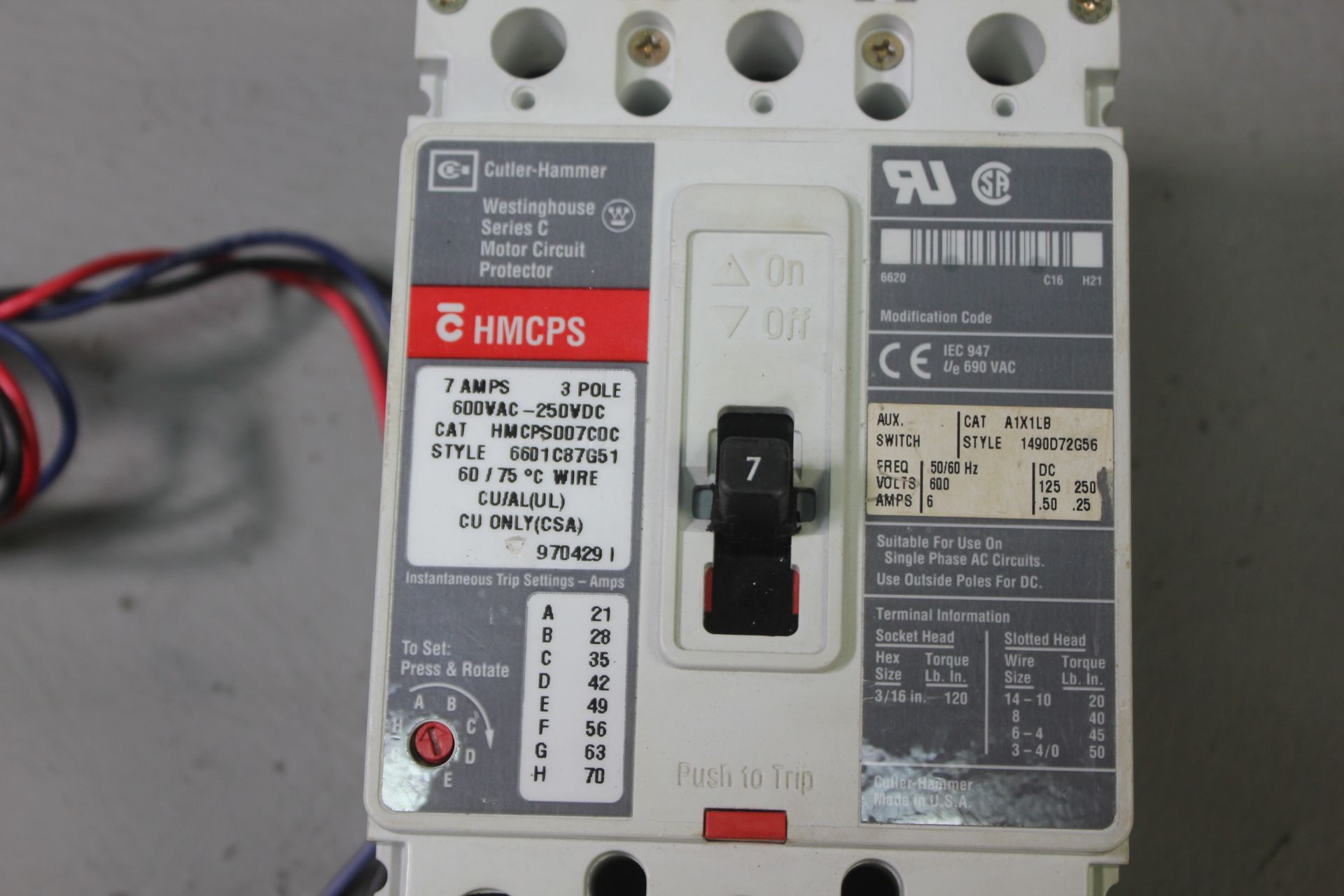 CUTLER HAMMER 7A MOTOR CIRCUIT PROTECTOR/BREAKER - Image 5 of 5