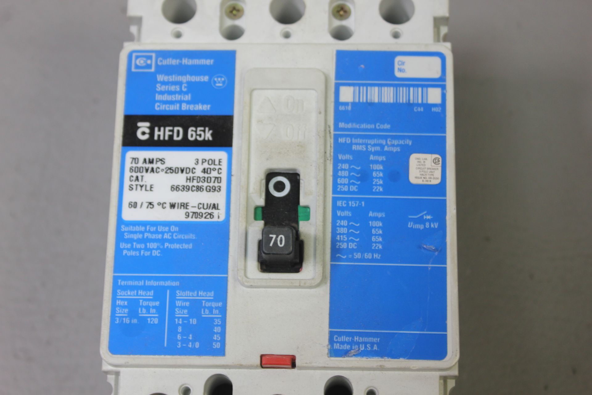 CUTLER HAMMER 70A INDUSTRIAL CIRCUIT BREAKER - Image 4 of 4