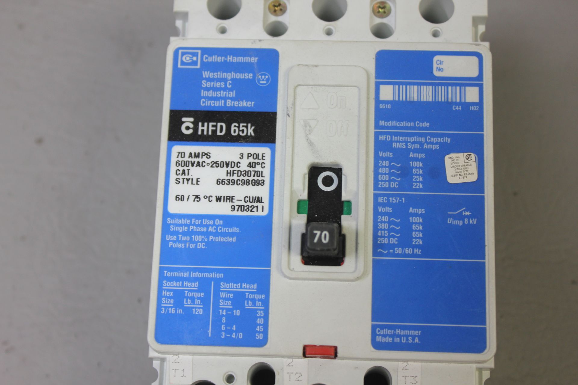 CUTLER HAMMER 70A INDUSTRIAL CIRCUIT BREAKER - Image 5 of 5