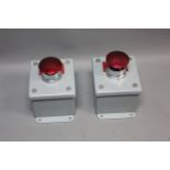 2 UNUSED SIEMENS OILTIGHT RED EMERGENCY STOP PUSHBUTTONS IN ENCLOSURES