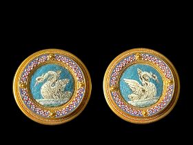 A pair of 19th century Italian circular micromosaic swimming swan buttons, Papal States c.1860