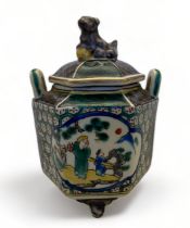 A small Chinese hexagonal two handled famille verte porcelain vase and cover or incense burner