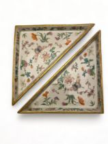 A pair of late 18th / early 19th century Chinese Export Cantonese famille rose decorated triangular