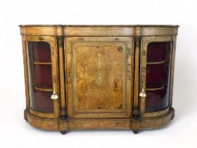 A Victorian burr walnut, satinwood crossbanded and sycamore marquetry bowfront credenza