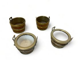 Two pairs of miniature oak and brass bound milk pail style salts