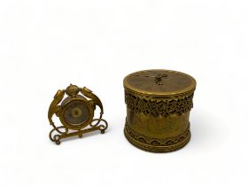A 17th century style gilt brass drum table clock, a small time-piece and a 19th century slate mantel