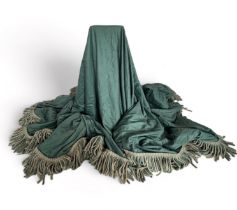 A very large Claremont green and green and beige fringed fabric table cloth