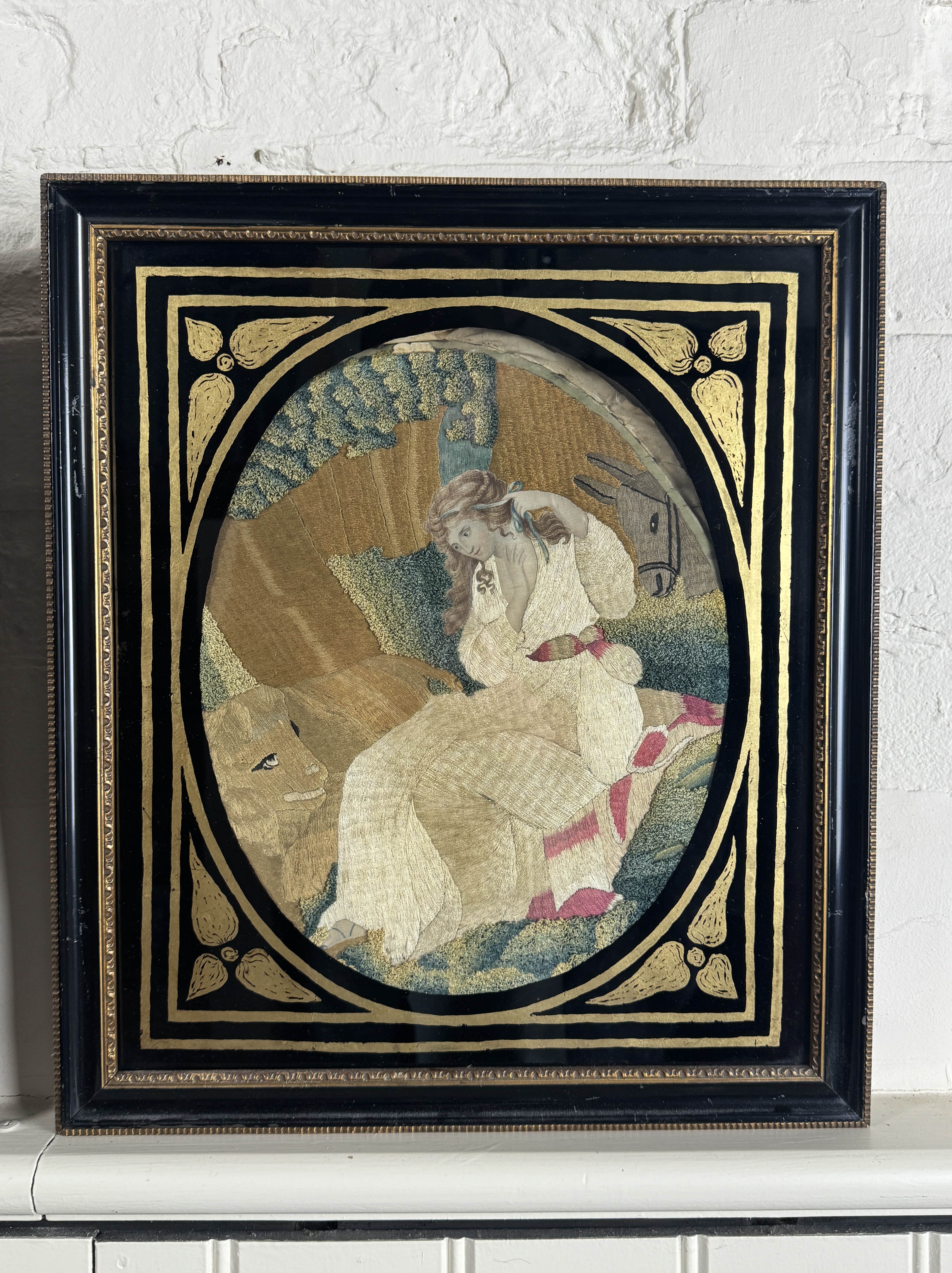 A pair of late 18th century oval silk embroidered pictures in rectangular verre eglomisé mounts - Image 7 of 9