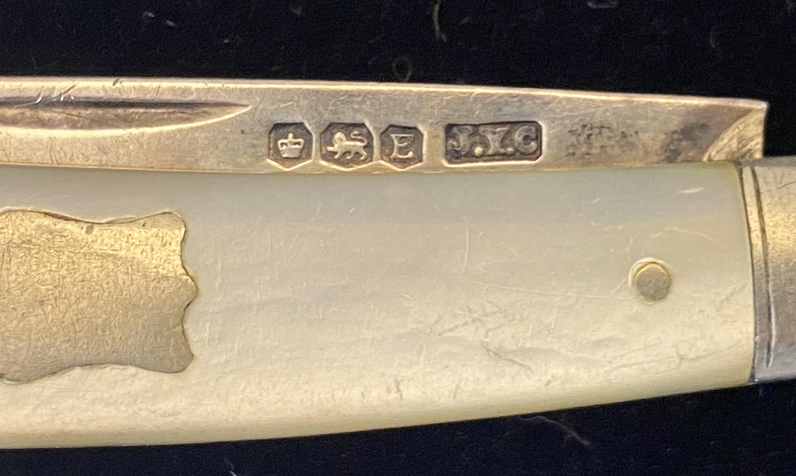 Two silver caddy spoons, another caddy spoon and a silver and mother-of-pearl fruit knife - Image 3 of 10