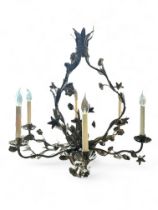 A Vaughan foliate and floral metalwork six light chandelier