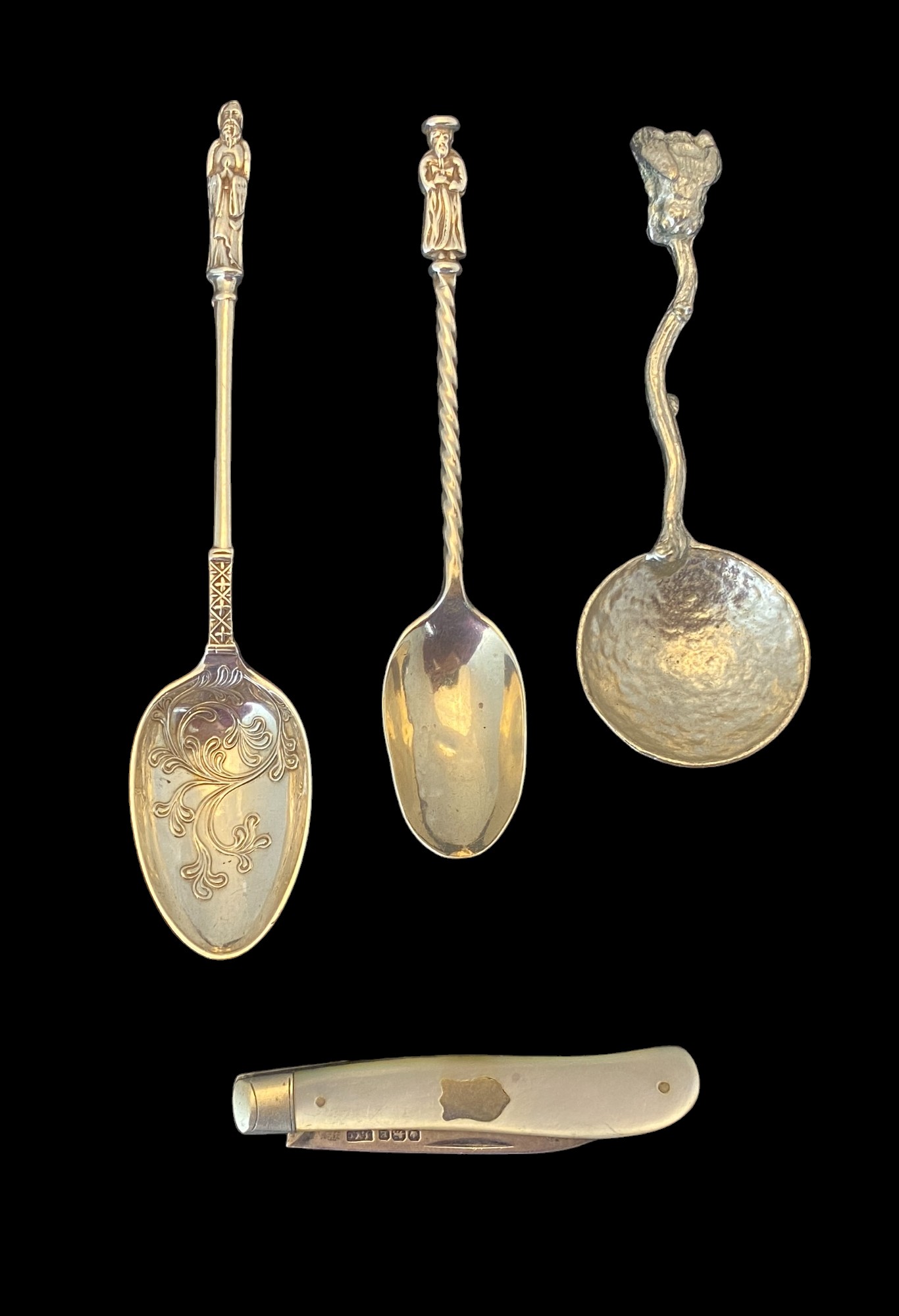 Two silver caddy spoons, another caddy spoon and a silver and mother-of-pearl fruit knife - Image 6 of 10