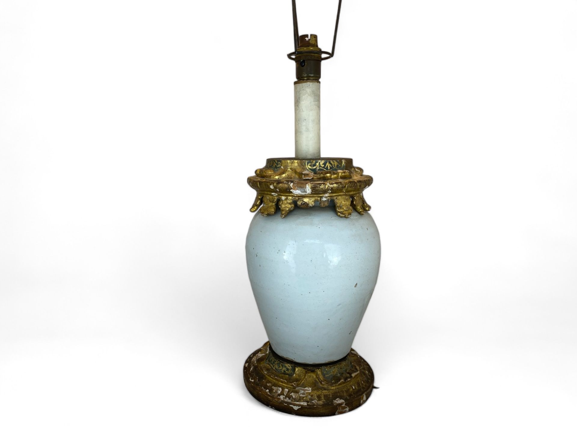 An early 20th century Italian white glazed pottery and giltwood mounted lamp base - Image 3 of 10