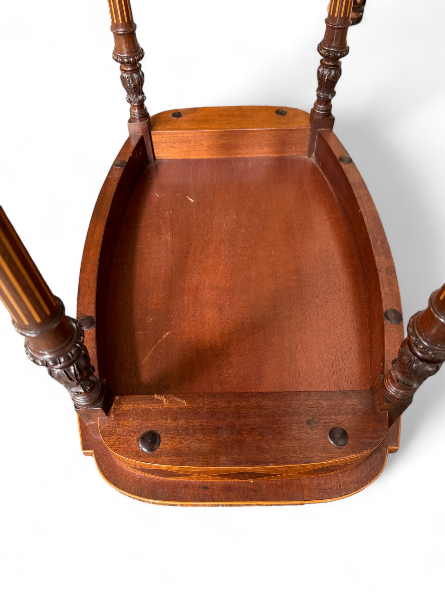 A fine late Victorian mahogany and sycamore marquetry two tier occasional table - Image 8 of 9