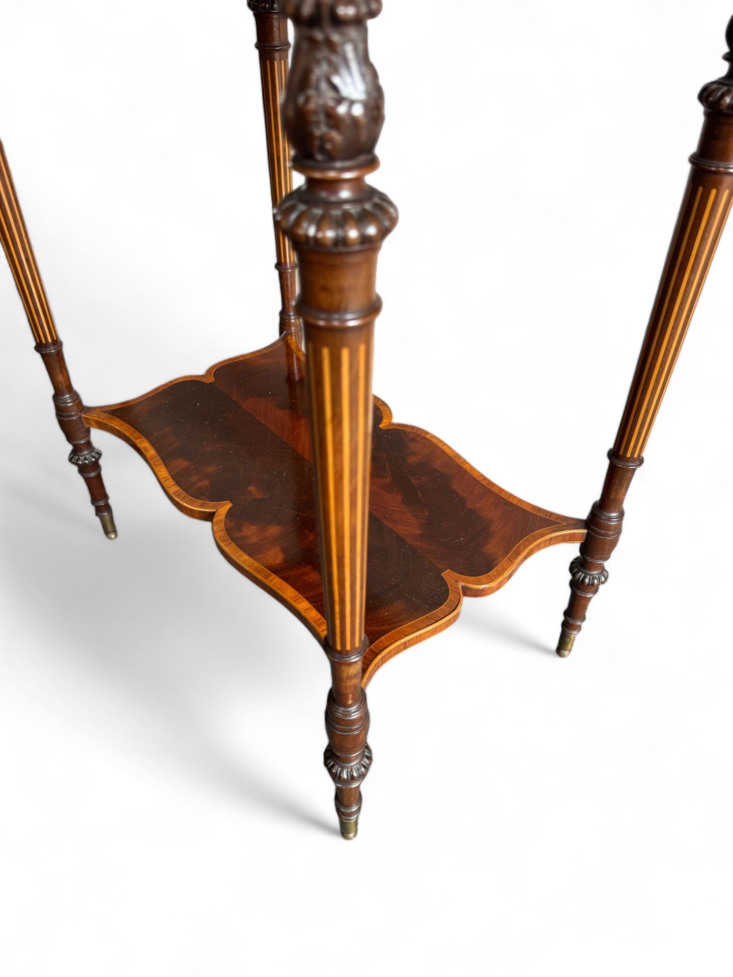 A fine late Victorian mahogany and sycamore marquetry two tier occasional table - Image 3 of 9