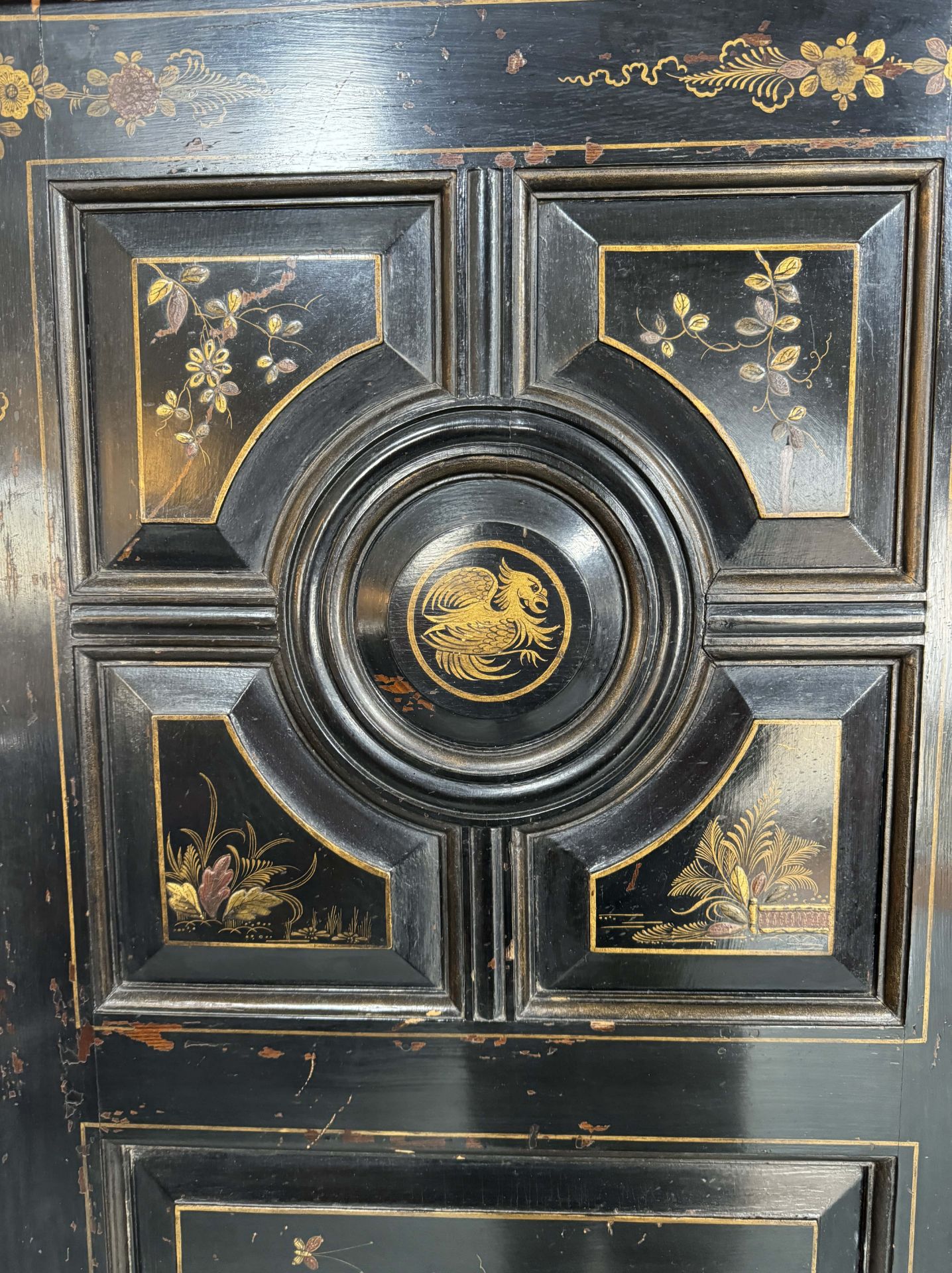 A Victorian Aesthetic period ebonised and decorated triple wardrobe - Image 6 of 20