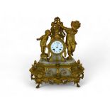 A late 19th century French gilt spelter and onyx figural mantel clock by Lecler, Jeune