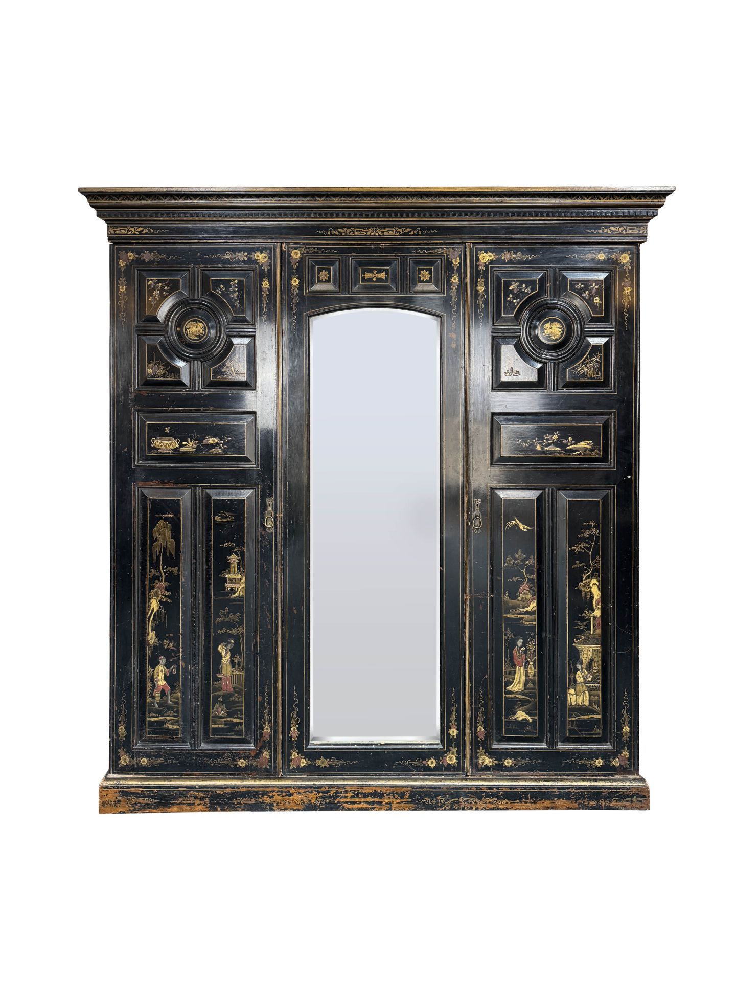 A Victorian Aesthetic period ebonised and decorated triple wardrobe - Image 11 of 20
