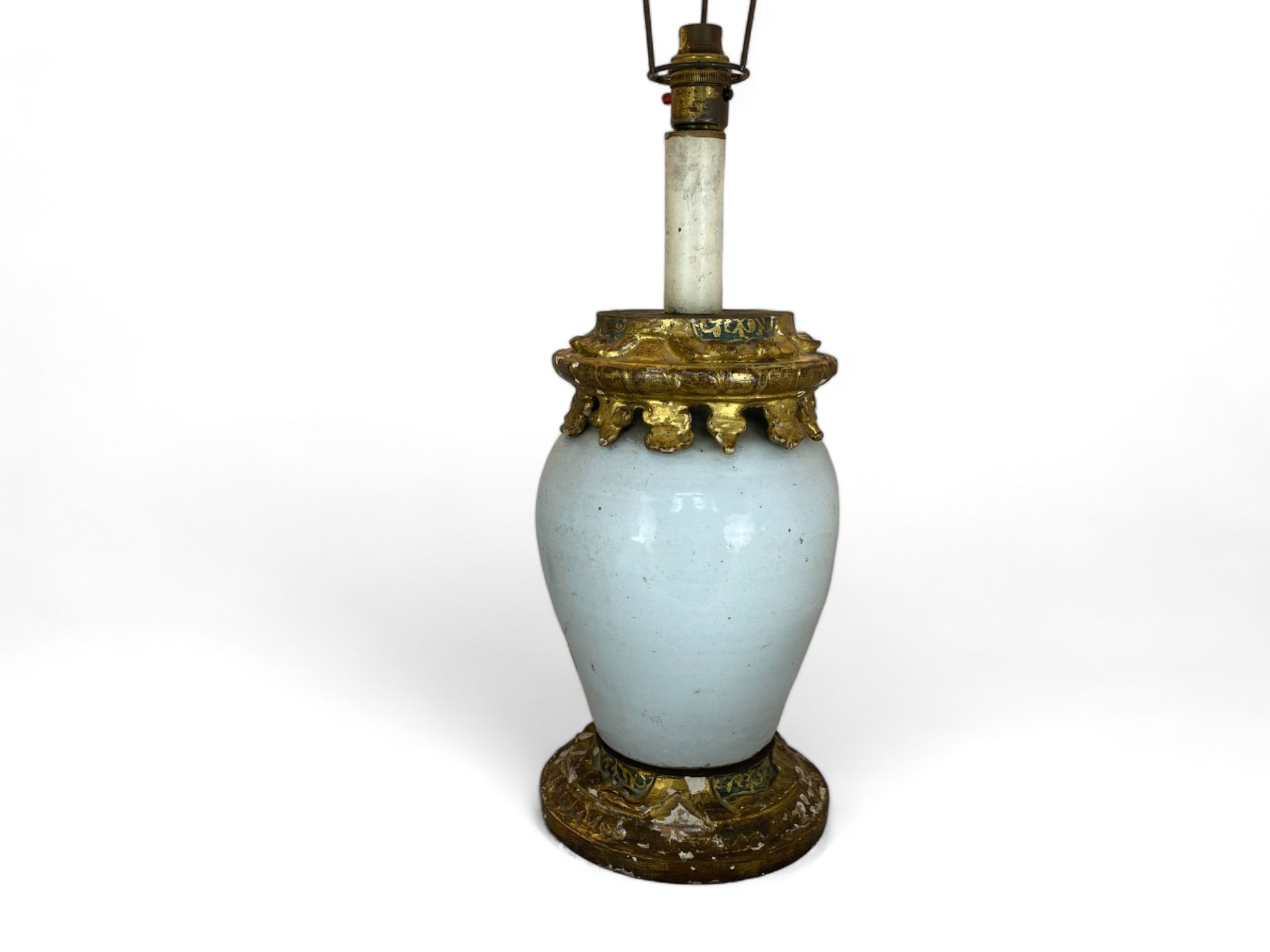 An early 20th century Italian white glazed pottery and giltwood mounted lamp base - Image 7 of 10