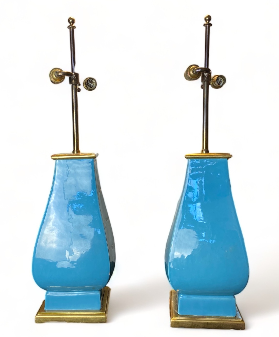 A pair of Mallets 20th century light blue ceramic twin-light table lamps - Image 5 of 6