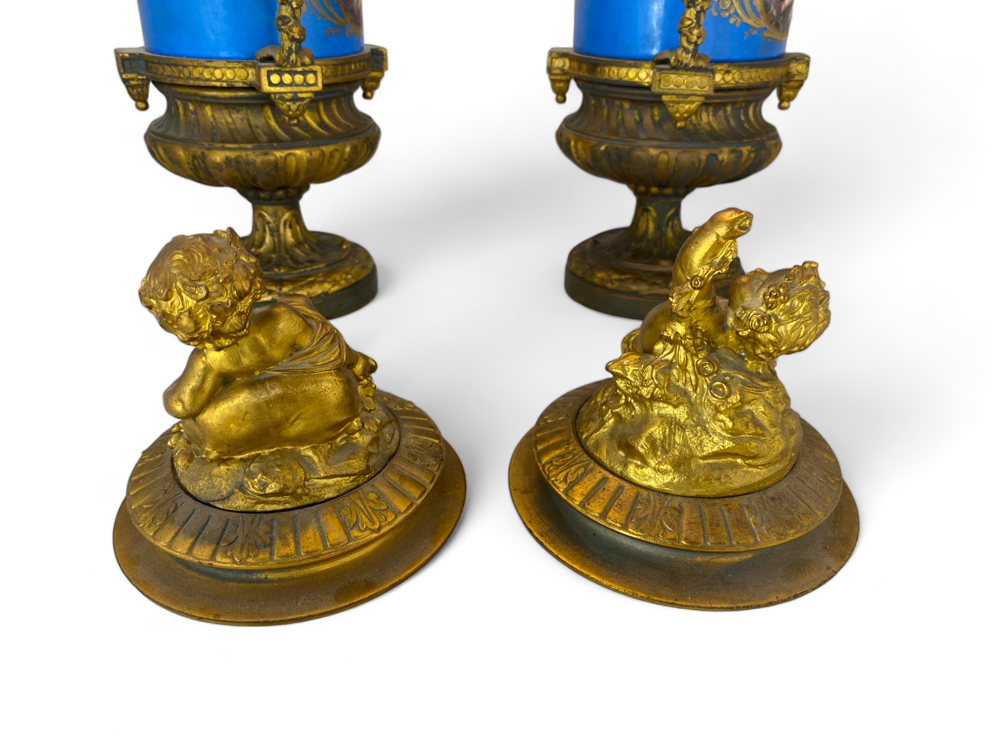 A pair of 19th century French gilt bronze mounted Sevres style turquoise glazed porcelain urns and c - Image 6 of 15