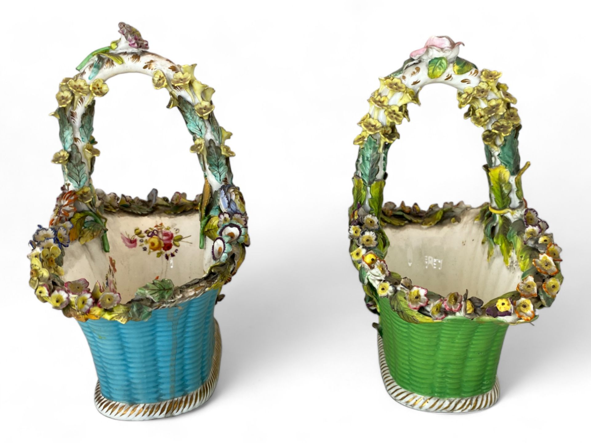 A pair of 19th century Coalbrookdale floral encrusted porcelain basket vases - Image 2 of 6