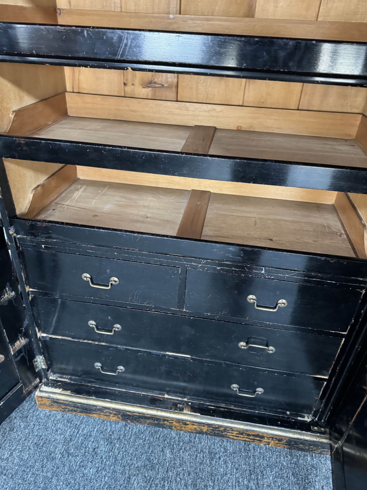 A Victorian Aesthetic period ebonised and decorated triple wardrobe - Image 19 of 20