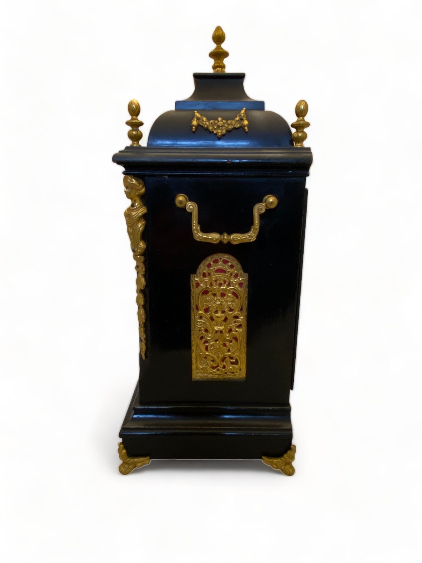 A late 19th century German ebonised and gilt metal mounted bracket clock and bracket by Winterhalder - Image 9 of 9
