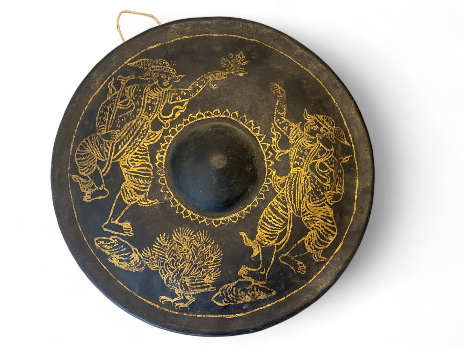 An early 20th century carved Burmese dinner gong, a Burmese large carved hardwood circular tray and - Image 10 of 13
