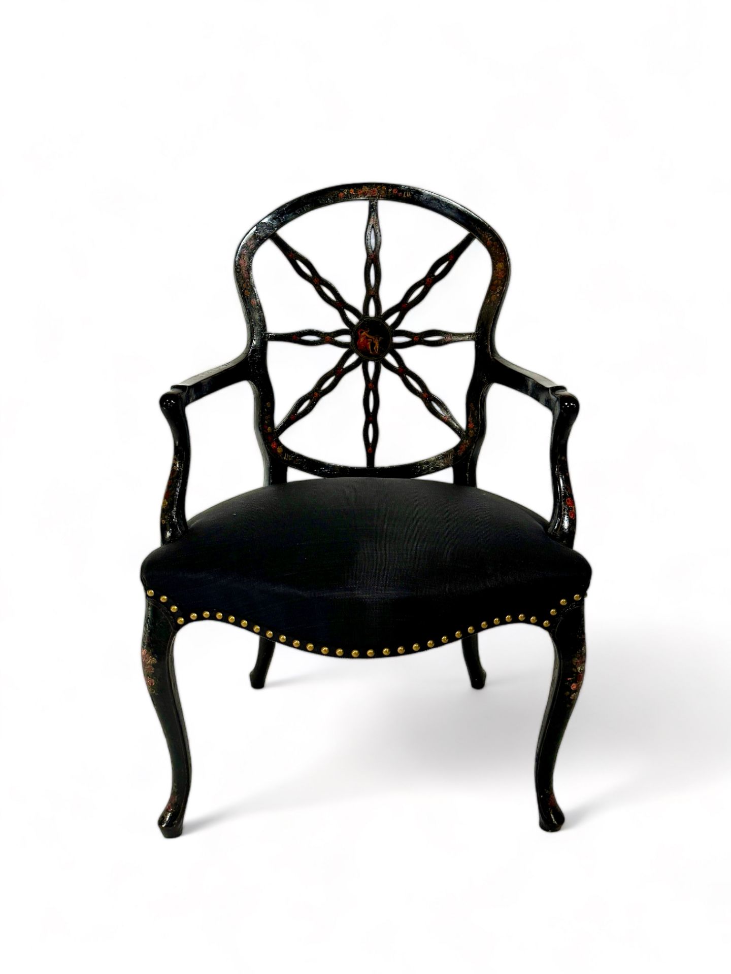 A George III black japanned and polychrome decorated open armchair
