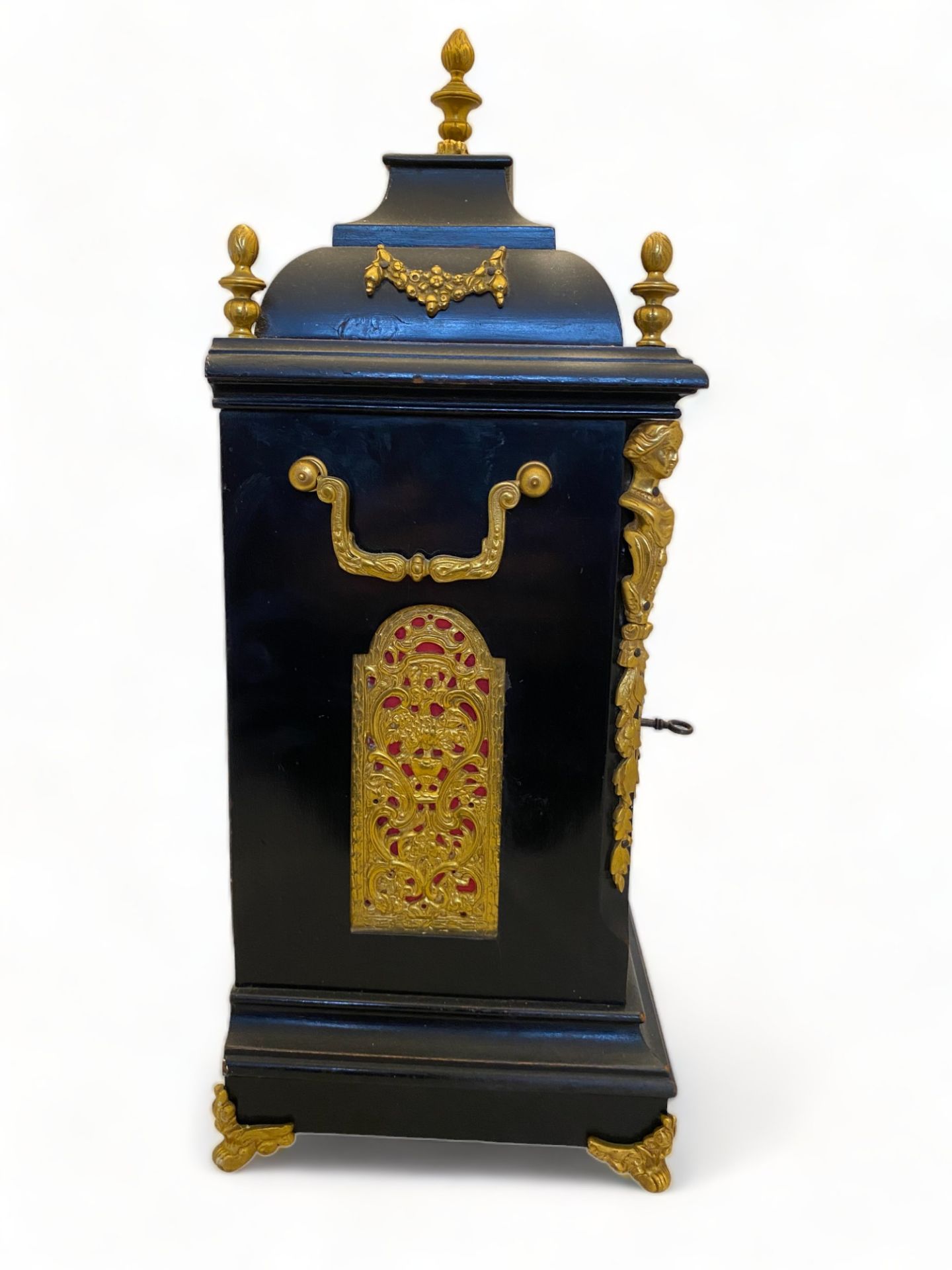 A late 19th century German ebonised and gilt metal mounted bracket clock and bracket by Winterhalder - Image 5 of 9