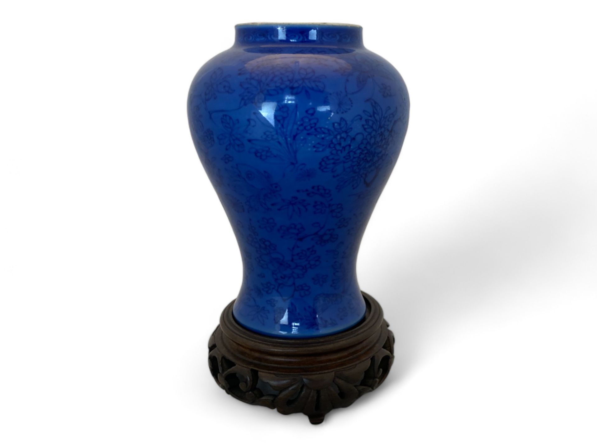 A 19th century Chinese porcelain blue self patterned monochrome baluster vase on a pieced hardwood - Image 2 of 8