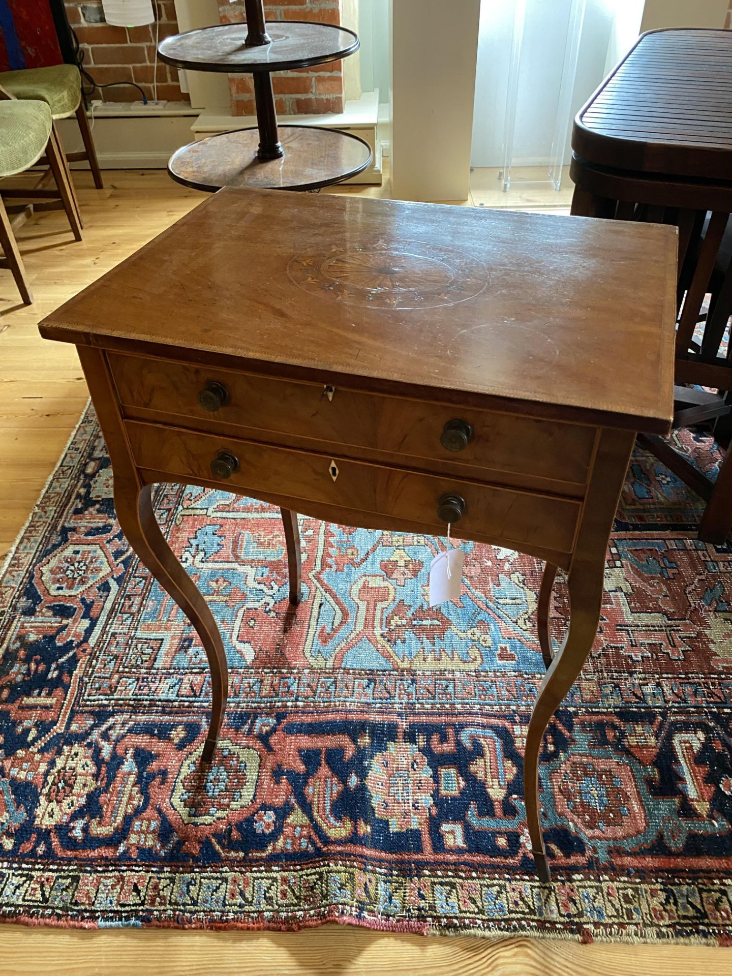A George III mahogany and tulipwood banded and chequerbanded marquetry work table - Image 9 of 11