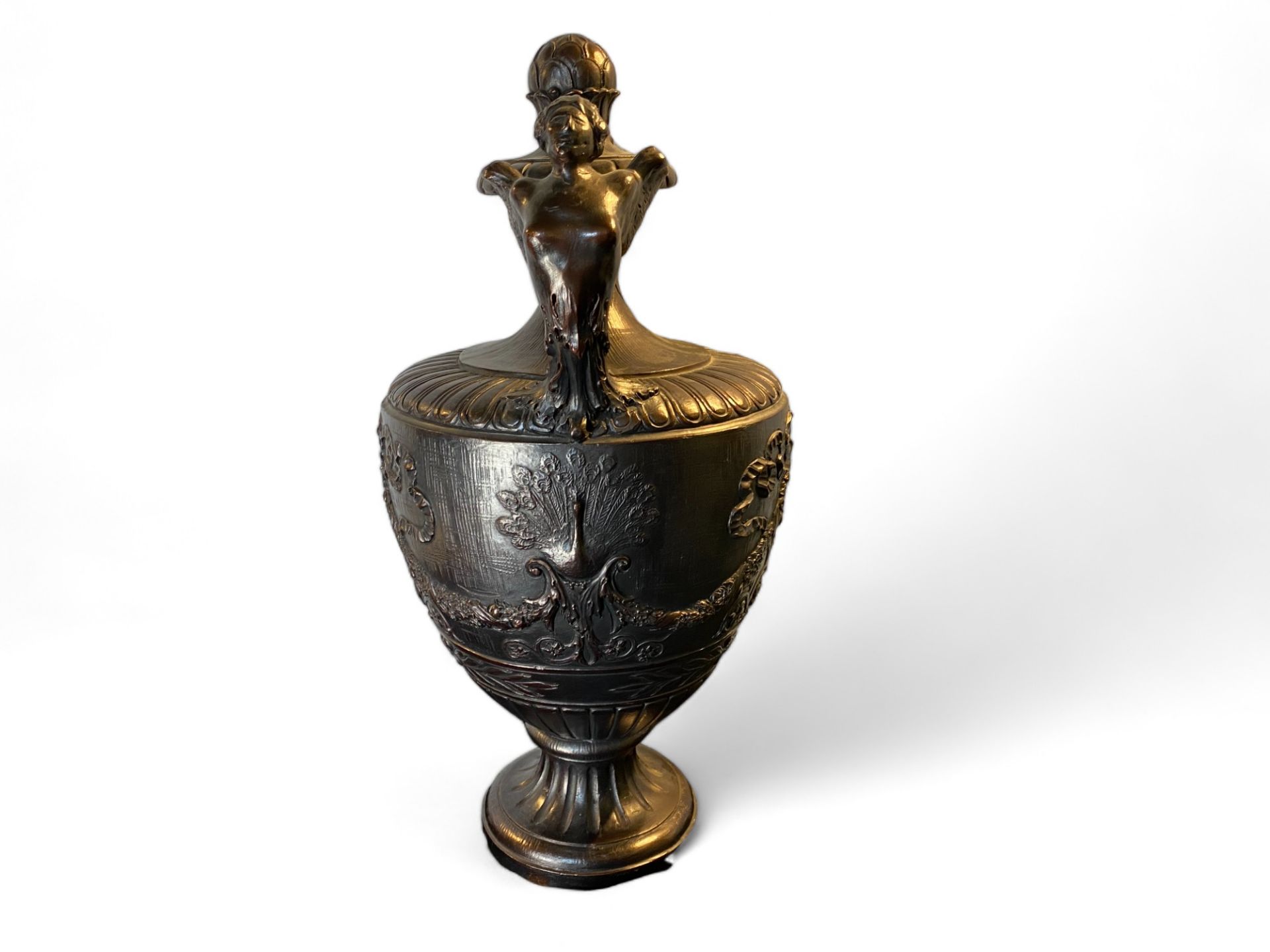 A large early 20th century terracotta classical twin handled urn with a metallic bronzed glaze - Image 4 of 7