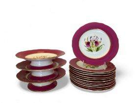 A mid 19th century polychrome floral decorated dessert service with a cerise pink border