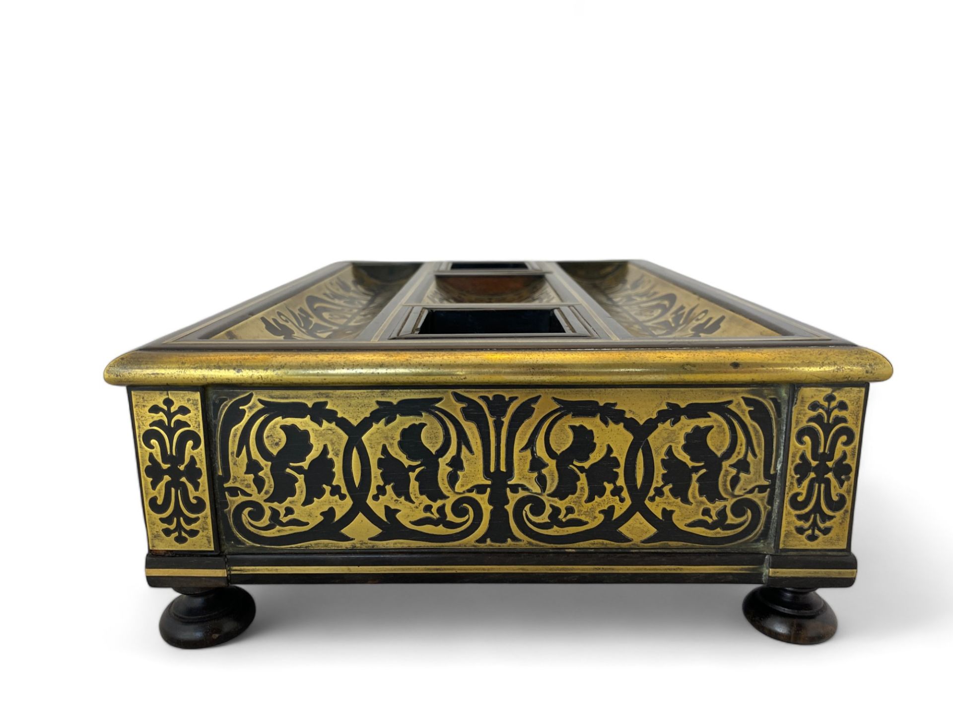 A George IV ebonised and brass marquetry ink stand in the manner of George Bullock - Image 8 of 10