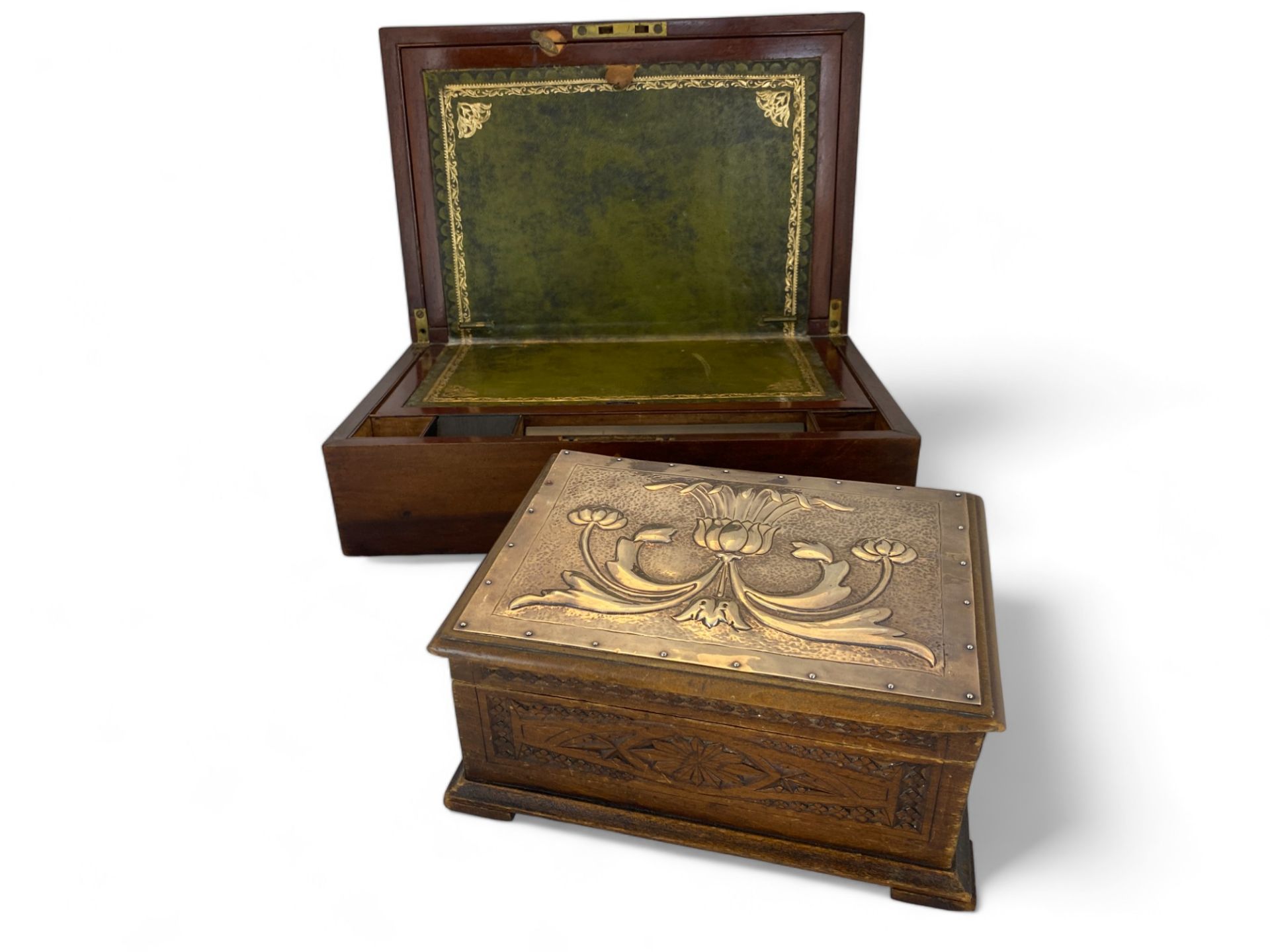 A 19th century mahogany writing slope, a mahogany workbox and an Art Nouveau box - Image 2 of 19
