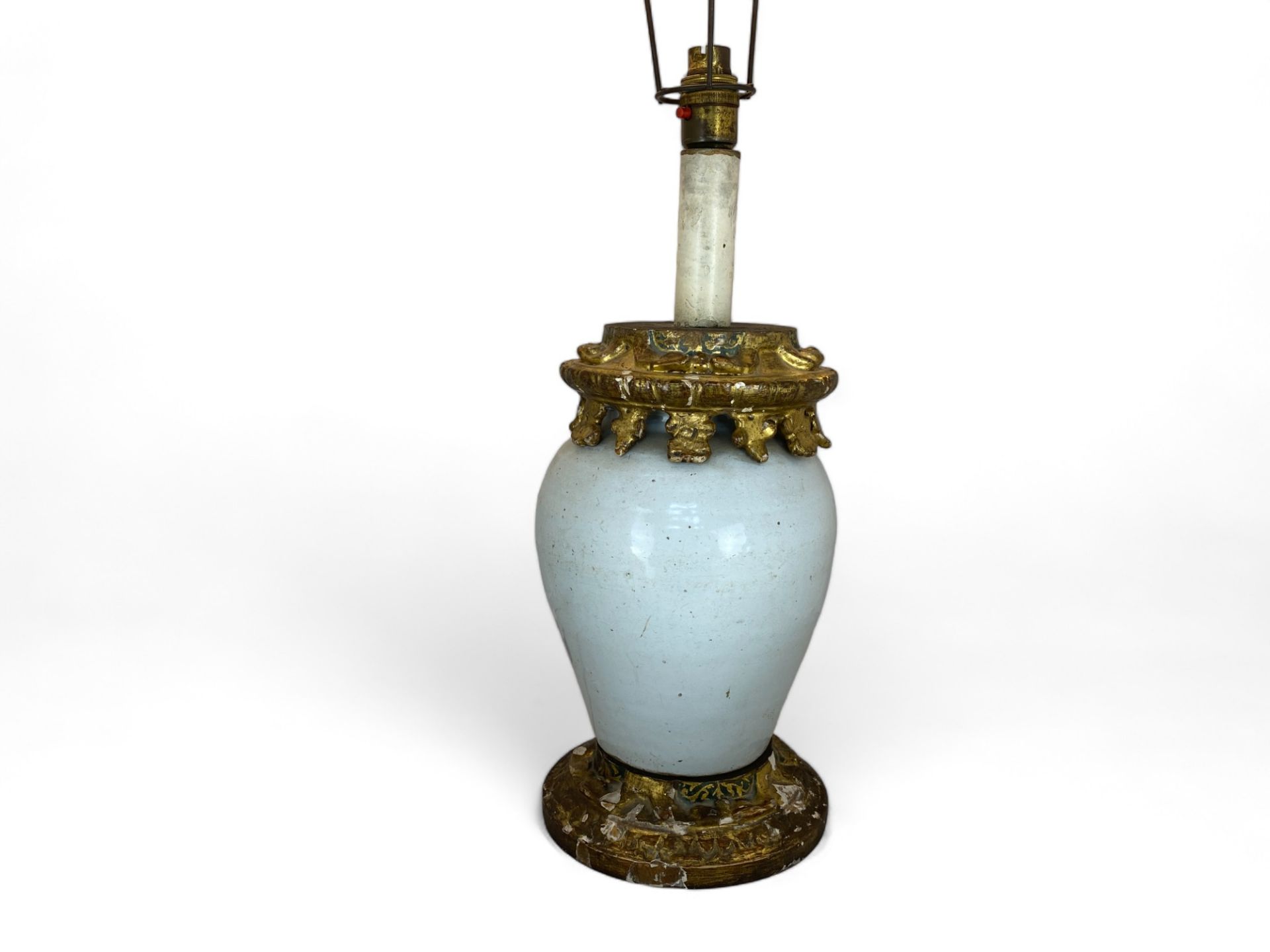 An early 20th century Italian white glazed pottery and giltwood mounted lamp base - Image 6 of 10