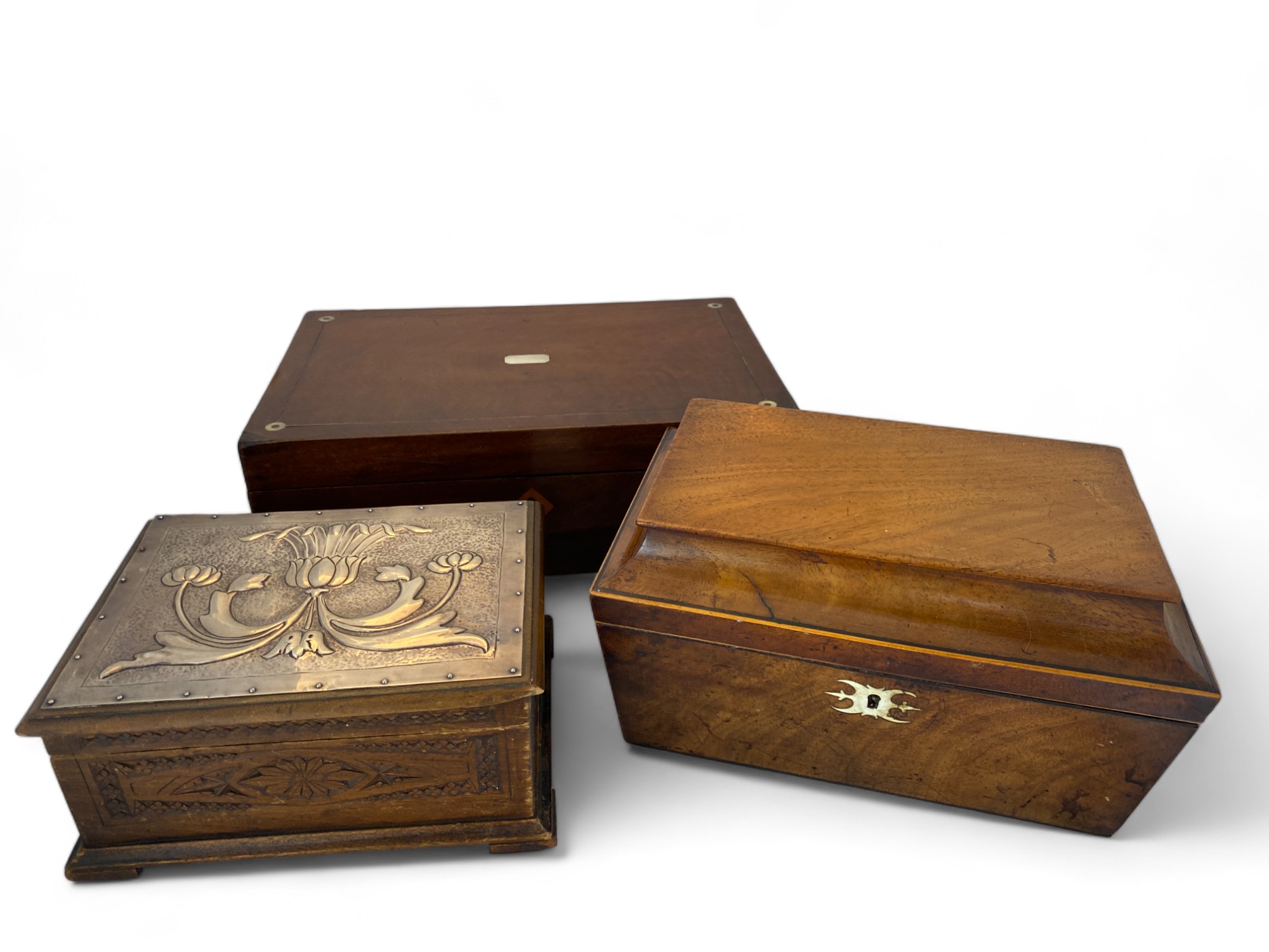 A 19th century mahogany writing slope, a mahogany workbox and an Art Nouveau box