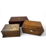 A 19th century mahogany writing slope, a mahogany workbox and an Art Nouveau box