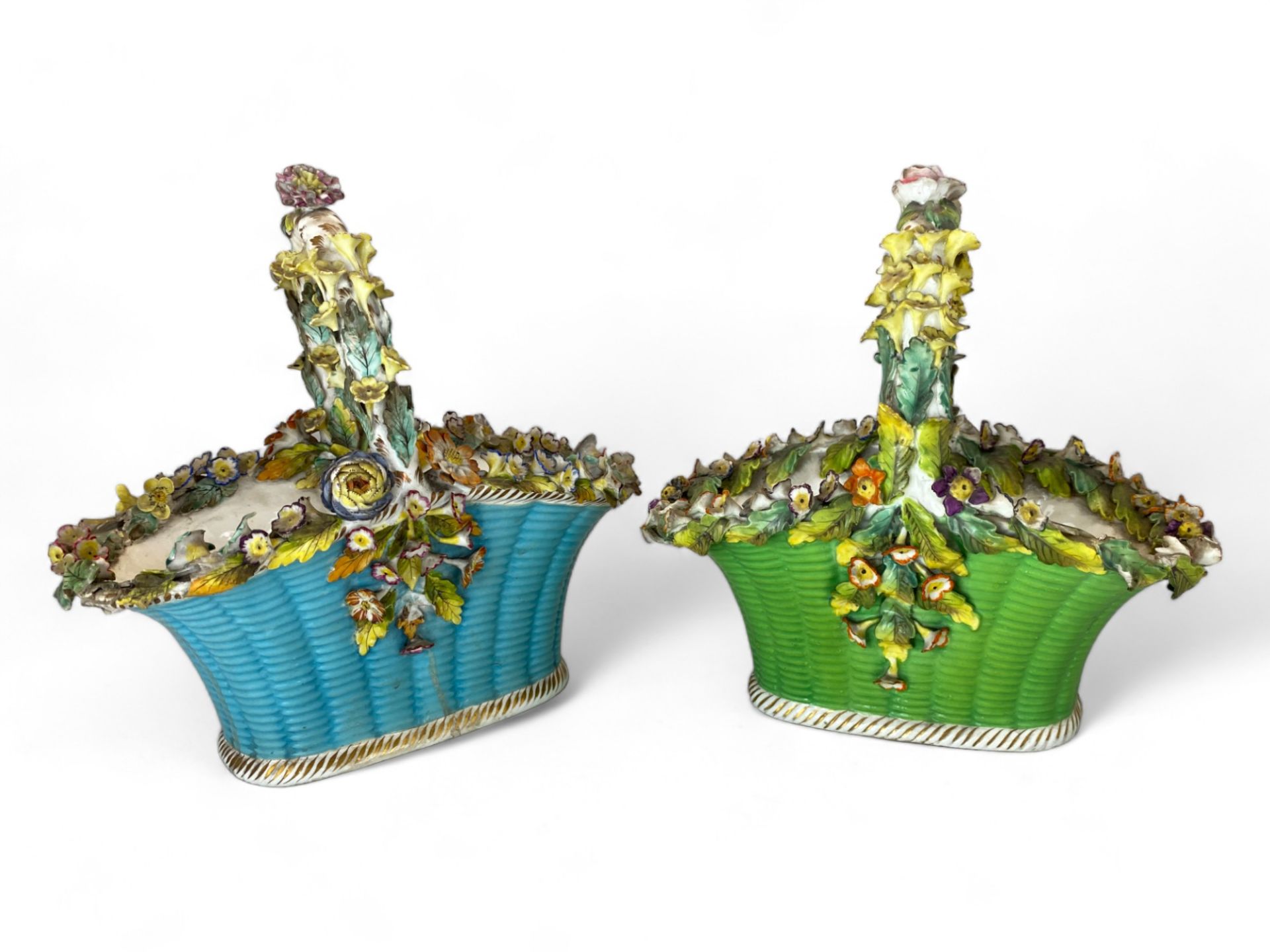 A pair of 19th century Coalbrookdale floral encrusted porcelain basket vases - Image 3 of 6
