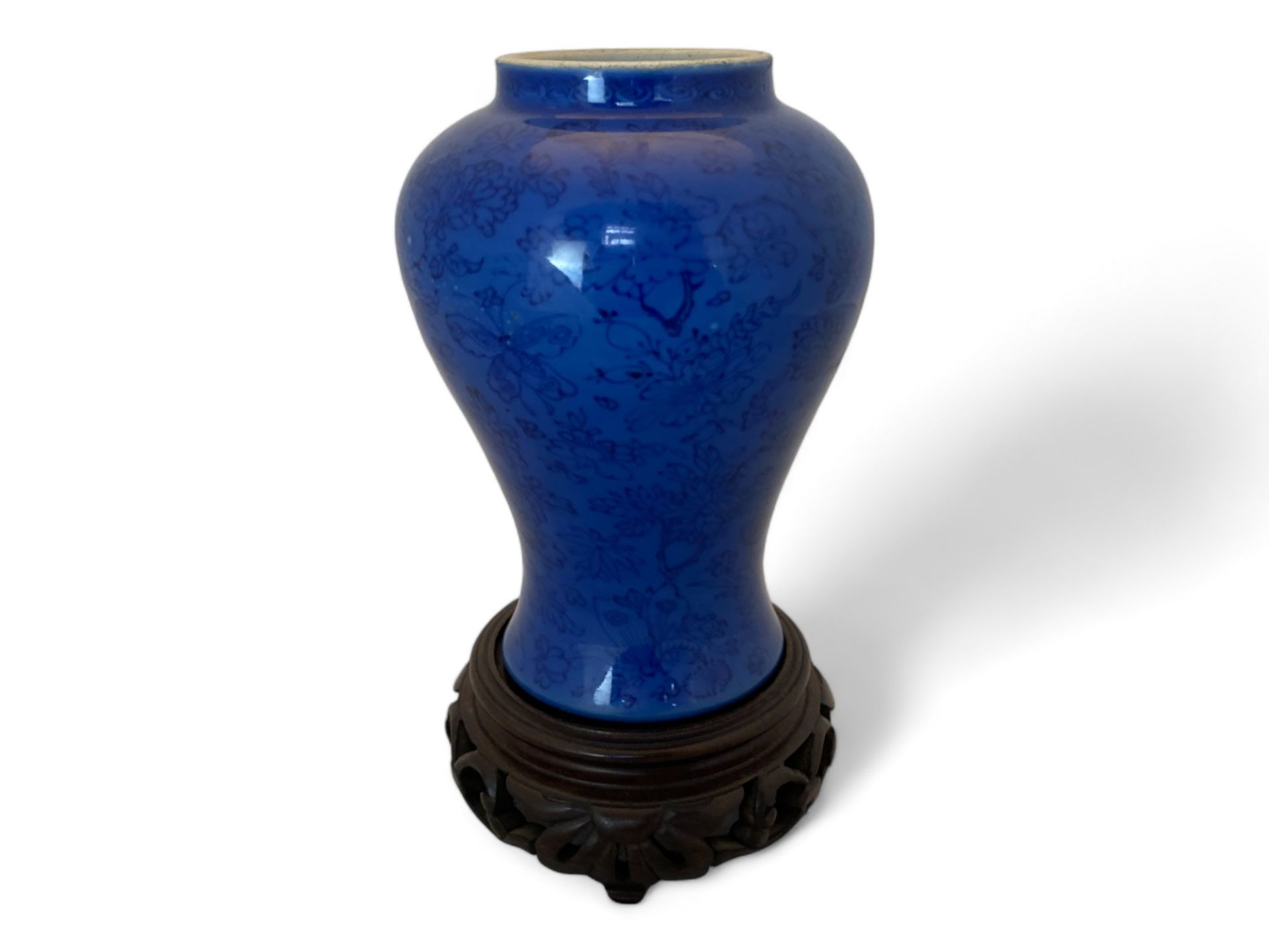 A 19th century Chinese porcelain blue self patterned monochrome baluster vase on a pieced hardwood - Image 4 of 8