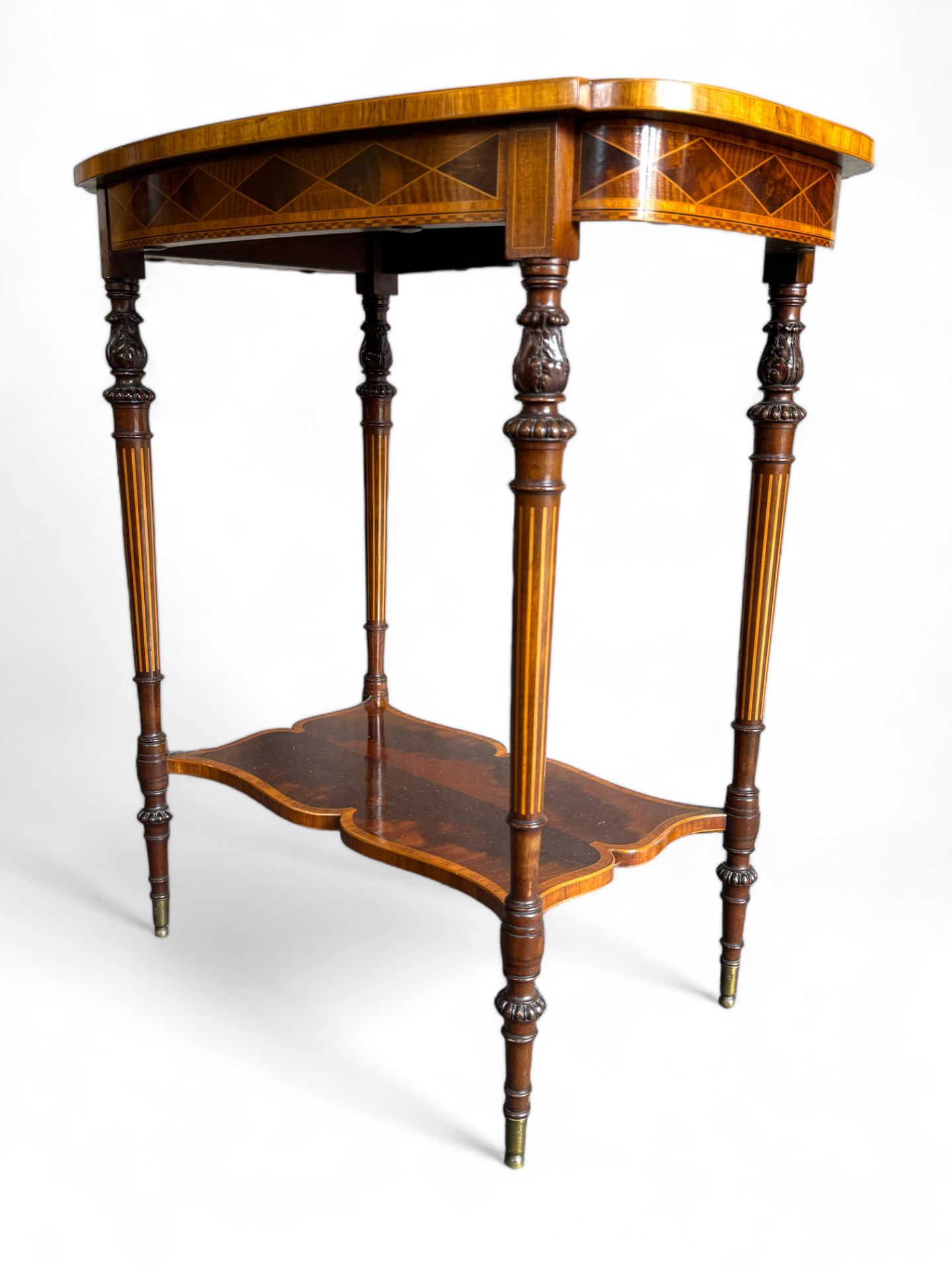 A fine late Victorian mahogany and sycamore marquetry two tier occasional table - Image 2 of 9